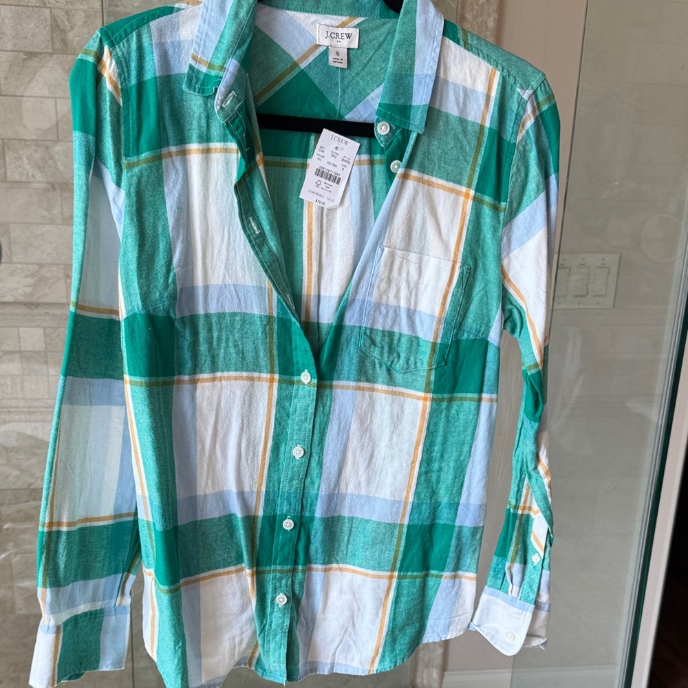 J. Crew Teal and White Plaid Shirt